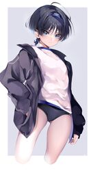  1boy black_buruma black_hair black_jacket blue_eyes buruma closed_mouth crossdressing genshin_impact gym_shirt gym_uniform hair_between_eyes hairband highres jacket long_sleeves ma_d_k_89 male_focus otoko_no_ko scaramouche_(genshin_impact) shirt short_hair shorts solo 