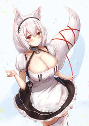  amano_kusatsu animal_ear_fluff animal_ears apron arm_up azur_lane blush breasts choker cleavage closed_mouth dress female fox fox_ears fox_girl fox_tail frills gradient_background hair_between_eyes hairband highres huge_breasts lace-trimmed_hairband lace_trim looking_at_viewer maid maid_apron maid_headdress puffy_sleeves red_eyes red_ribbon ribbon short_hair short_sleeves sirius_(azur_lane) solo tail thighhighs two-tone_dress white_hair white_thighhighs 