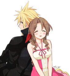  1boy aerith_gainsborough armor back-to-back bare_arms black_pants black_sleeves blonde_hair blue_eyes blush braid braided_ponytail breasts brown_hair closed_eyes cloud_strife collarbone dress female final_fantasy final_fantasy_vii grey_shirt hair_between_eyes hair_ribbon high_collar kingdom_hearts kingdom_hearts_ii krudears medium_breasts multicolored_clothes multicolored_dress official_alternate_costume open_mouth pants parted_bangs pink_dress ribbon shirt shoulder_armor sidelocks sitting smile spiked_hair strap upper_body white_background 