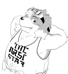  anthro canid canine canis clothing domestic_dog english_text eyewear floppy_ears goggles hisaki_(live_a_hero) kipchin_2nd00 kpc_drawing99 lifewonders live_a_hero male mammal monochrome shirt slightly_chubby solo tank_top text text_on_clothing text_on_shirt text_on_tank_top text_on_topwear topwear 