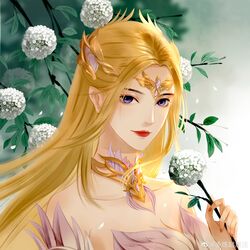  absurdres bare_shoulders blonde_hair blue_eyes chi_lian_qiju_zhu choker douluo_dalu dress female flower hair_ornament highres holding holding_flower leaf long_hair looking_at_viewer multicolored_background qian_renxue_(douluo_dalu) smile solo upper_body white_dress 