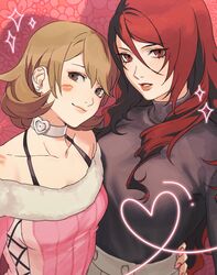  2girls bare_shoulders black_sweater blush breasts brown_eyes brown_hair choker closed_mouth ear_piercing hair_between_eyes hand_on_another&#039;s_waist heart highres kirijou_mitsuru large_breasts lipstick lipstick_mark lipstick_mark_on_face long_hair looking_at_viewer makeup medium_breasts multiple_girls nail_polish neekosiah parted_lips persona persona_3 piercing pink_nails red_eyes red_hair short_hair simple_background sparkle sweater white_choker yukari_takeba yuri 