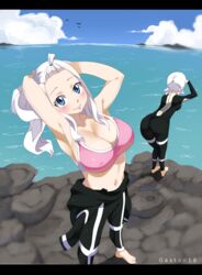  2girls armpits arms_up artist_name ass bangs_pinned_back barefoot beach bird blue_eyes blush bodysuit breasts cleavage cloud collarbone covered_nipples day diving_suit fairy_tail full_body gaston18 highres large_breasts lisanna_strauss long_hair looking_at_viewer mirajane_strauss multiple_girls navel outdoors short_hair sky smile standing stomach tight_clothes water watermark wetsuit white_hair 