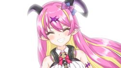  arm_strap asymmetrical_horns bare_shoulders blonde_hair bow bowtie breasts chest_harness closed_eyes demon_girl demon_horns facing_viewer female grin hair_ornament harness headphones headphones_around_neck hololive horn_bow horn_ornament horns long_hair mano_aloe momo_kimuchi008 multicolored_hair pink_bow pink_bowtie pink_hair pointy_ears shirt sleeveless sleeveless_shirt smile solo teeth two-tone_hair uneven_horns virtual_youtuber white_shirt wing_collar 