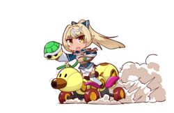  blonde_hair blush_stickers bow brown_eyes chibi chibi_only commentary_request dark-skinned_female dark_elf dark_skin elf female green_shell_(mario) hair_ornament hairbow high_ponytail highres hololive kuroshiro1011 long_hair looking_at_viewer mario_(series) mario_kart mario_kart_8 motor_vehicle motorcycle multicolored_hair pointy_ears ponytail riding shiranui_flare shiranui_flare_(old_design) sidelocks single_thighhigh solo streaked_hair thighhighs turtle_shell v-shaped_eyebrows virtual_youtuber wild_wiggler yellow_eyes 