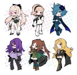  6+girls black_bow black_hairband blonde_hair blue_hair boots bow breasts brown_hair chibi child&#039;s_drawing coat drag-on_dragoon drag-on_dragoon_3 dress five_(drag-on_dragoon) flower flower_over_eye four_(drag-on_dragoon) fur_trim gloves hairband hairbow hand_on_own_hip highres long_hair mole mole_under_eye multiple_girls neekosiah one_(drag-on_dragoon) one_eye_closed open_mouth own_hands_together panty_&amp;_stocking_with_garterbelt parody parted_lips pink_flower purple_eyes purple_hair red_eyes scarf short_hair skirt standing style_parody three_(drag-on_dragoon) two_(drag-on_dragoon) yellow_eyes zero_(drag-on_dragoon) 