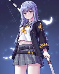  arm_at_side bang_dream! belt belt_buckle black_belt black_jacket black_survival blue_background bow_(weapon) buckle closed_mouth commentary_request cosplay cowboy_shot crop_top eternal_return:_black_survival expressionless female gradient_background grey_hair grey_sailor_collar grey_skirt highres holding holding_bow_(weapon) holding_weapon jacket light_particles long_hair long_sleeves looking_at_viewer looking_down midriff minami_rio minami_rio_(cosplay) minato_yukina miniskirt multicolored_eyes multiple_belts navel neckerchief open_clothes open_jacket pleated_skirt ptal purple_eyes sailor_collar school_uniform serafuku shirt sidelocks skirt solo standing stomach weapon white_shirt yellow_belt yellow_eyes yellow_neckerchief 