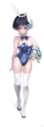  absurdres alternate_costume animal_ears black_hair blue_bow blue_eyes blue_leotard bow breasts character_doll female full_body genderswap_(mtf) genshin_impact hair_between_eyes hairband high_heels highres leotard ma_d_k_89 medium_breasts nahida_(genshin_impact) open_mouth playboy_bunny rabbit_ears rule_63 scaramouche_(genshin_impact) short_hair simple_background solo strapless strapless_leotard thighhighs white_background white_thighhighs white_wrist_cuffs wrist_cuffs 