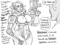  1boy absurdres bb_(baalbuddy) breasts cyborg elf english_commentary english_text female greyscale gun highres holding holding_gun holding_weapon large_breasts mechanical_arms metal_gear_(series) metal_gear_rising:_revengeance monochrome orc original pointing pointing_up pointy_ears simple_background single_mechanical_arm speech_bubble weapon white_background 