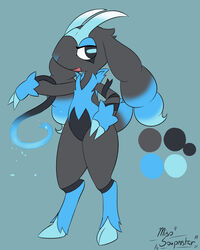  2021 2_fingers 2_horns absurd_res ambiguous_gender anthro black_body black_eyes black_fur blue_background blue_body blue_claws blue_fur blue_hooves blue_horn blue_nose blue_sclera bovid caprine claws color_swatch fakemon finger_claws fingers flat_colors front_view fur gradient_horn grey_body grey_fur half-closed_eyes hand_on_hip hi_res hooves horizontal_pupils horn looking_away mammal miso_souperstar model_sheet narrowed_eyes nikoza nude open_mouth pupils raised_arm shiny_fakemon simple_background smile solo standing straps white_horn 