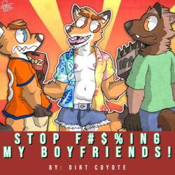  1:1 anthro bulge canid canine cuckold dinner_at_yiffanys dirt_coyote english_text father_(lore) fox group gulonine hi_res male male/male mammal mustelid musteline parent_(lore) romecartoons son_(lore) sport takom_ironhoof text trio wolverine 