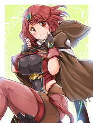  backless_outfit bob_cut breasts brown_pantyhose cloak disguised_pyra_(xenoblade) earrings female gloves highres hood hooded_cloak impossible_clothes jewelry kurokaze_no_sora large_breasts micro_shorts official_alternate_costume pantyhose pantyhose_under_shorts pyra_(xenoblade) red_eyes red_hair short_shorts short_sleeves shorts skindentation solo super_smash_bros. thighhighs thighhighs_over_pantyhose xenoblade_chronicles_(series) xenoblade_chronicles_2 