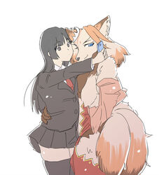  anthro bear_trap black_hair blue_eyes breast_squish breasts breasts_frottage canid canine clothing duo female female/female female_protagonist_(tas) fox hair hakumen_(tas) hand_behind_back holding_object honma_kaina23 hug human kemono legwear lifewonders long_hair looking_back mammal multi_tail one_eye_closed protagonist_(tas) school_uniform selfie simple_background smile squish stockings tail thigh_highs tokyo_afterschool_summoners trap_(contrivance) uniform white_background wink 