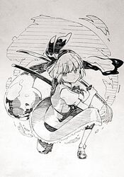  bad_id bad_twitter_id female ghost konpaku_youmu konpaku_youmu_(ghost) monochrome oshake solo sword touhou traditional_media weapon 