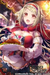  :o bare_shoulders bird blonde_hair braid breasts cape chicken cleavage commentary_request copyright_name detached_sleeves female food grand_sphere hairband holding holding_plate indoors kogome_(azalea4) large_breasts long_hair official_art plate red_cape red_eyes red_hairband sparkle standing watermark 