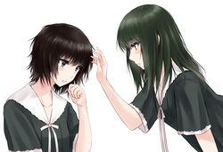  2girls black_eyes black_hair blue_eyes blush commentary_request flowers_(innocent_grey) highres looking_at_another multiple_girls open_mouth outstretched_arms school_uniform short_hair suzushiro_yukari takasaki_chidori yaegaki_erika 