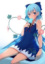  arm_at_side bare_shoulders blue_bow blue_dress blue_eyes blue_hair blush bow breasts cirno commentary_request covered_navel detached_wings dress eating female flower food hair_between_eyes hairbow holding holding_food ice ice_wings leaf looking_at_viewer opanchu_(hakusen) pinafore_dress plant popsicle red_ribbon ribbon short_hair simple_background sitting sleeveless sleeveless_dress small_breasts solo sunflower sweat tan tanned_cirno touhou tsurime vines water white_background wings 