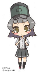  arare_(kancolle) bad_id bad_pixiv_id black_hair blush_stickers brown_eyes chibi commentary_request dated female grey_hair hat highres kantai_collection karashi_(tou_gara_shi) kneehighs light_smile pleated_skirt short_hair skirt socks solo suspenders suspenders_pull twitter_username white_background 