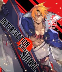  1boy alternate_color bandages belt blazblue blazblue:_central_fiction cape commentary_request eyebrows hyakuhachi_(over3) kagura_mutsuki looking_at_viewer male_focus orange_hair red_background red_eyes smile smug 