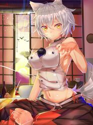  animal_ears ashu bare_shoulders barefoot bird black_skirt bottle breasts commentary_request cup female highres indian_style indoors inubashiri_momiji large_breasts long_skirt looking_at_viewer midriff navel panties pom_pom_(clothes) short_hair shouji side-tie_panties side_ponytail sitting skindentation skirt sleeveless sliding_doors solo sun sunlight tail touhou tree underwear white_hair wolf_ears wolf_tail yellow_eyes 