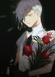  1other androgynous antarcticite bad_id bad_pixiv_id broken colored_eyelashes commentary_request crack cracked_skin dark_background flower gem_uniform_(houseki_no_kuni) gloves highres houseki_no_kuni missing_eye multicolored_eyes necktie one-eyed other_focus rainbow_eyes shards shi_ye short_hair solo sparkle spider_lily upper_body white_hair 