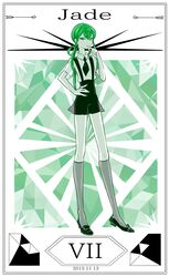  1other androgynous bare_arms black_footwear black_necktie black_shorts border character_name closed_mouth cojima collared_shirt commentary_request dated full_body gem_(symbol) gem_uniform_(houseki_no_kuni) green_eyes green_hair green_nails green_theme grey_socks hair_rings hand_on_own_hip houseki_no_kuni jade_(houseki_no_kuni) kneehighs legs_apart long_hair looking_at_viewer monochrome nail_polish necktie other_focus roman_numeral shirt shoes short_sleeves shorts sidelocks socks solo standing suspender_shorts suspenders uniform white_shirt 