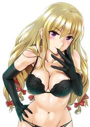  blonde_hair blush bow bra breasts collarbone commentary_request elbow_gloves female finger_to_mouth ganari_ryuu gloves hairbow large_breasts lingerie long_hair navel original panties purple_eyes ribbon smile solo stomach tamatoys touhou underwear underwear_only yakumo_yukari 