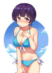  bikini blue_bikini blush breasts circle cleavage commentary cowboy_shot eromanga_sensei female front-tie_top highres large_breasts looking_at_viewer photoshop_(medium) purple_eyes purple_hair senju_muramasa short_hair side-tie_bikini_bottom smile solo subaru_(794829485) swimsuit symbol-only_commentary white_background 