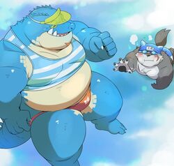  anthro ayame42612 blue_body canid canine canis clothing crocodile crocodilian crocodylid doggy_paddle domestic_dog duo hat headgear headwear lifewonders makara_(tas) male mammal moritaka_(tas) overweight overweight_male reptile scalie slightly_chubby speedo swimming swimwear tokyo_afterschool_summoners underwater visor_cap water 