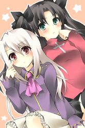  2girls akafuku_pukoemon ascot bad_id bad_pixiv_id black_hair fate/stay_night fate_(series) green_eyes highres illyasviel_von_einzbern long_hair multiple_girls red_eyes tohsaka_rin two_side_up white_hair 