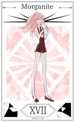  1other :d androgynous bare_arms bare_legs black_footwear black_necktie black_shorts border character_name cojima collared_shirt commentary_request dated full_body gem_(symbol) gem_uniform_(houseki_no_kuni) hair_between_eyes high_heels houseki_no_kuni legs_apart long_hair looking_at_viewer morganite_(houseki_no_kuni) necktie open_mouth other_focus own_hands_together pink_eyes pink_hair ponytail roman_numeral shirt shoes short_sleeves shorts smile solo standing suspender_shorts suspenders uniform white_shirt 