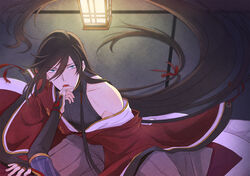  2boys bad_id bad_pixiv_id bishounen black_hair blue_eyes braid earrings horikawa_kunihiro izumi-no-kami_kanesada japanese_clothes jewelry lantern licking licking_finger long_hair male_focus multiple_boys off_shoulder photoshop_(medium) pov rainsp side_braid single_earring solo_focus tongue tongue_out touken_ranbu very_long_hair yaoi 