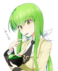  anmitsu_(dessert) ashford_academy_school_uniform blazer bow bowl c.c. code_geass commentary eating eyebrows female food green_hair hairbow highres jacket long_hair low_twintails mattari_yufi necktie school_uniform smile solo spoon translated twintails utensil_in_mouth yellow_eyes 