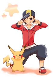  hibiki_(pokemon) light_background male_focus pikachu pokemon pokemon_gold_&amp;_silver short_hair simple_background smile star white_background wink 