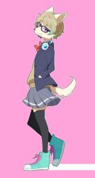  2017 anthro bottomwear bow_tie canid canine canis clothed clothing domestic_dog ear_piercing electronics eyewear female female_anthro footwear fur glasses hair hand_in_pocket headphones headphones_around_neck jacket kemono kuzugitsune legwear looking_aside looking_at_viewer mammal piercing pink_background pockets purple_eyes shadow shoes short_hair simple_background skirt sneakers solo sweater tail_over_skirt tan_hair thigh_highs topwear white_body white_fur 