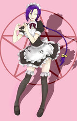  absurdres alternate_costume apron bell black_thighhighs braid chikujouin_magane commentary_request dress earrings enmaided female full_body hair_bell hair_ornament heart heart_hands highres jewelry looking_at_viewer magic_circle maid one_eye_closed pentagram purple_hair re:creators rei_kun sharp_teeth single_earring smile solo standing teeth thighhighs tied_hair torii_earrings white_apron 