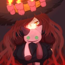  afushiru_wa_kugi anna_(granblue_fantasy) black_dress candle commentary_request dress female fire granblue_fantasy hair_over_one_eye hat long_hair looking_at_viewer red_hair solo stuffed_animal stuffed_cat stuffed_toy upper_body witch_hat yellow_eyes 