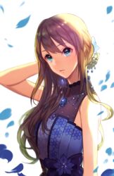  arm_behind_head backlighting bad_id bad_pixiv_id bare_arms blue_dress brown_hair closed_mouth commentary dress earrings eternal_bloom_(idolmaster) expressionless female floral_print glint green_eyes hair_ornament highres idolmaster idolmaster_cinderella_girls idolmaster_cinderella_girls_starlight_stage jewelry long_hair necklace petals shibuya_rin sleeveless solo upper_body white_background zzebra 