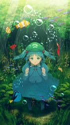  absurdres air_bubble akimikan_(2.5deciliter) backpack bag blue_eyes blue_hair bubble clownfish commentary female fish hair_bobbles hair_ornament hat highres kawashiro_nitori key pocket submerged touhou twintails two_side_up underwater 