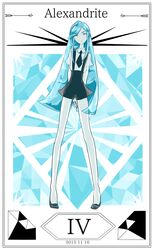  1other alexandrite_(houseki_no_kuni) androgynous aqua_theme arms_behind_back bare_arms bare_legs black_footwear black_necktie black_shorts blue_eyes blue_hair blue_theme border character_name cojima collared_shirt commentary_request dated eyebrows frown full_body gem_(symbol) gem_uniform_(houseki_no_kuni) houseki_no_kuni legs_apart long_hair looking_at_viewer monochrome necktie other_focus own_hands_together roman_numeral shirt shoes short_sleeves shorts solo standing suspender_shorts suspenders swept_bangs tiptoes uniform very_long_hair white_shirt 