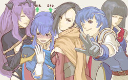  1boy 4girls armor belt black_eyes black_hair blue_eyes blue_hair blush breasts brown_eyes camilla_(fire_emblem) cape circlet closed_eyes commentary_request embarrassed fire_emblem fire_emblem:_genealogy_of_the_holy_war fire_emblem:_the_binding_blade fire_emblem:_thracia_776 fire_emblem_fates fire_emblem_heroes foreshortening gameplay_mechanics gauntlets girl_sandwich gloves grey_background grin hair_over_one_eye horn_ornament horns hug hug_from_behind kagero_(fire_emblem) large_breasts long_hair looking_at_viewer looking_back multiple_girls ninja nonji_(sayglo_halo) olwen_(fire_emblem) one_eye_closed open_mouth purple_hair robe sandwiched scarf seliph_(fire_emblem) shanna_(fire_emblem) short_hair sigh smile sweatdrop upper_body vest 