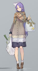  absurdres ahoge alternate_costume artoria_pendragon_(fate) bag blonde_hair blush braid casual celery commentary fate/stay_night fate_(series) female food full_body green_eyes grey_background grocery_bag hair_bun handbag hat highres holding holding_bag jewelry knees lipstick long_hair long_skirt long_sleeves looking_at_viewer makeup medea_(fate) nail_polish oop photoshop_(medium) plastic_bag pointy_ears purple_eyes purple_hair ring riyo_(lyomsnpmp)_(style) saber_(fate) scarf shoes shopping_bag single_hair_bun skirt socks solo spring_onion standing very_long_hair 