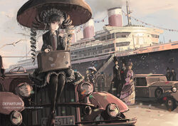  bird black_hair black_thighhighs car celestia_ludenberg claw_ring commentary_request confetti danganronpa:_trigger_happy_havoc danganronpa_(series) dress drill_hair female flag flags_of_all_nations gothic_lolita hairband hat lolita_fashion lolita_hairband long_hair motor_vehicle necktie ocean_liner outdoors photoshop_(medium) qianqian red_eyes seagull ship smile solo string_of_flags thighhighs titanic_(movie) top_hat twin_drills twintails umbrella watercraft 