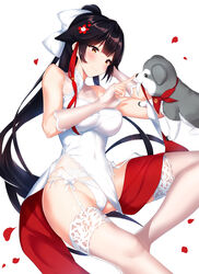  animal arm_support azur_lane bad_id bad_pixiv_id bare_shoulders blunt_bangs bow breasts canine china_dress chinese_clothes closed_mouth cocona covered_navel dress elbow_gloves female finger_on_nose fingerless_gloves flower garter_belt gloves hair_flaps hair_flower hair_ornament hairbow heart highres kerchief large_breasts long_hair looking_away lying official_alternate_costume on_back panties pantyshot petals petting photoshop_(medium) poking poking_nose ponytail see-through shawl simple_background sleeveless sleeveless_dress smile solo takao_(azur_lane) takao_(the_lessons_of_spring)_(azur_lane) thighhighs thighs underwear very_long_hair white_background white_bow white_dress white_gloves white_panties white_thighhighs 