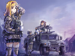  1boy 2girls blonde_hair body_armor brown_hair bulletproof_vest car commentary_request cup fingerless_gloves gloves gun hairband helmet holster humvee light_machine_gun load_bearing_vest m60 military military_vehicle motor_vehicle multiple_girls nyan_(themare) open_mouth original photoshop_(medium) short_hair skirt soldier steam tent thighhighs twintails weapon yawning 