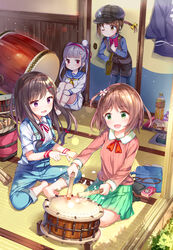  4girls bag barefoot black_hair black_hat black_legwear blush book bow braid brown_hair camera commentary_request denim drum drumming drumsticks flower green_skirt grey_hair hair_flower hair_ornament hairband hairbow hairclip handbag hat hayashi_tate_matsuri holding holding_book indoors instrument jeans long_hair long_sleeves looking_at_another looking_away multiple_girls neckerchief one_eye_closed open_book open_mouth pants pantyhose photoshop_(medium) pink_eyes pouty_lips purple_eyes seiza short_hair short_sleeves sitting skirt smile taiko_drum taiko_sticks takasaka_donten tray twintails wristband yellow_bow yellow_eyes yellow_neckerchief 