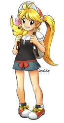  ayumi_(pokemon) ayumi_(pokemon)_(cosplay) backpack bag blonde_hair blue_shorts blush brown_eyes chuchu_(pokemon) collarbone commentary cosplay creatures_(company) deviantart_username english_commentary female flat_chest flower full_body game_freak gen_1_pokemon hair_flower hair_ornament happy long_hair looking_at_viewer loulilie nintendo pikachu pokemon pokemon_(game) pokemon_lgpe pokemon_on_shoulder pokemon_special shoelaces shoes short_shorts short_sleeves shorts signature smile solo transparent_background very_long_hair yellow_(pokemon) 