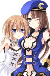  &gt;:( 2girls bad_id bad_pixiv_id beret blanc_(neptunia) blue_eyes blush breast_envy breasts brown_eyes brown_hair c-sha choker cleavage collarbone dress frown hand_on_another&#039;s_arm hand_on_own_hip hat hinano long_hair multiple_girls neck_ribbon neptune_(series) no_headwear one_eye_closed ribbon shin_jigen_game_neptune_vii short_hair skirt small_breasts smile transparent_background v-shaped_eyebrows very_long_hair white_dress 