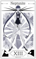  1other :o androgynous bare_arms bare_legs black_footwear black_hair black_necktie black_shorts border character_name cojima collared_shirt commentary_request dated full_body gem_(symbol) gem_uniform_(houseki_no_kuni) grey_eyes houseki_no_kuni legs_apart long_hair looking_at_viewer necktie neptunite_(houseki_no_kuni) other_focus pale_skin roman_numeral shirt shoes short_sleeves shorts solo standing suspender_shorts suspenders tiptoes twintails uniform white_shirt 