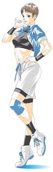  baozi brown_hair commentary_request female food genderswap_(mtf) hand_on_hilt jacket knee_pads liiiiliiiil midriff open_clothes open_jacket pinky_out rule_63 shoes short_hair shorts sie_kensou sneakers socks solo the_king_of_fighters 